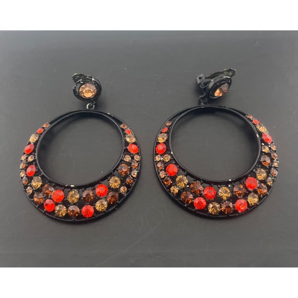 Jewelry - Vintage Rhinestone Hoop Clip Earrings Japanned Statement Jewelry Red Amber Black
